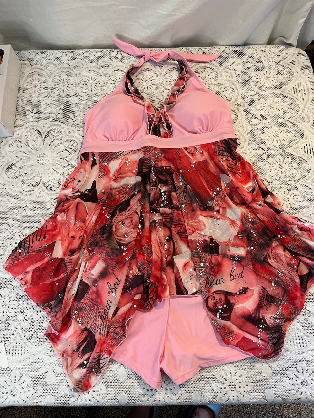 Pink Halter Tunic Tankini Swimdress with Retro Print L NWT